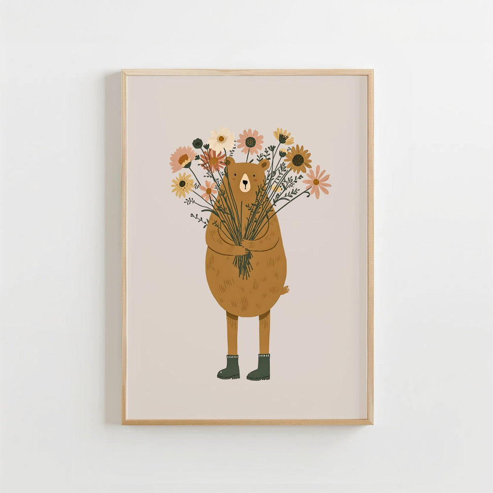 Beer met Bloemen Poster Kinderkamer | Bosdieren Illustratie of Canvas wanddecoratie