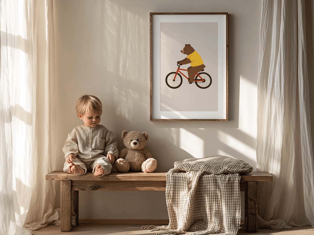Beer op Fiets - Babykamer Poster of Canvas wanddecoratie