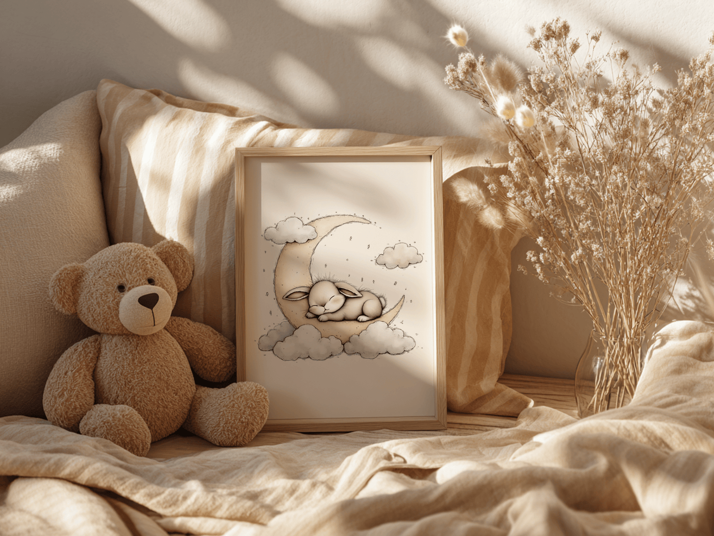 Dromend Konijn en Maan - Babykamer Poster of Canvas wanddecoratie