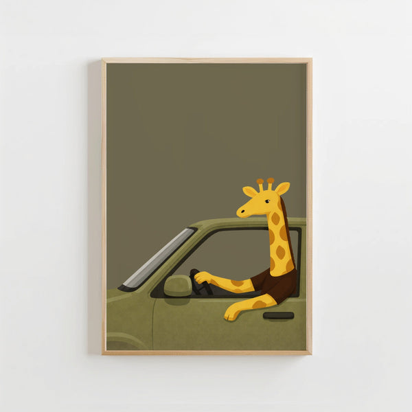 Giraffe in auto - Kinderkamer Poster of Canvas wanddecoratie