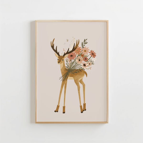 Hert met Bloemen Poster Kinderkamer | Boho Bosdieren Poster of Canvas wanddecoratie