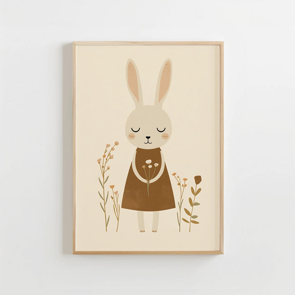 Konijn met Veldbloemen Poster Kinderkamer | Lieve Bosdieren Poster of Canvas wanddecoratie