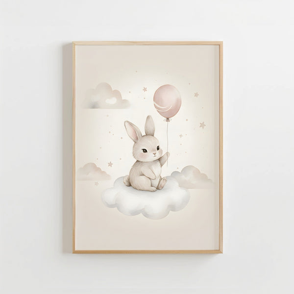 Konijntje met Ballon op Wolk - Babykamer Poster of Canvas wanddecoratie