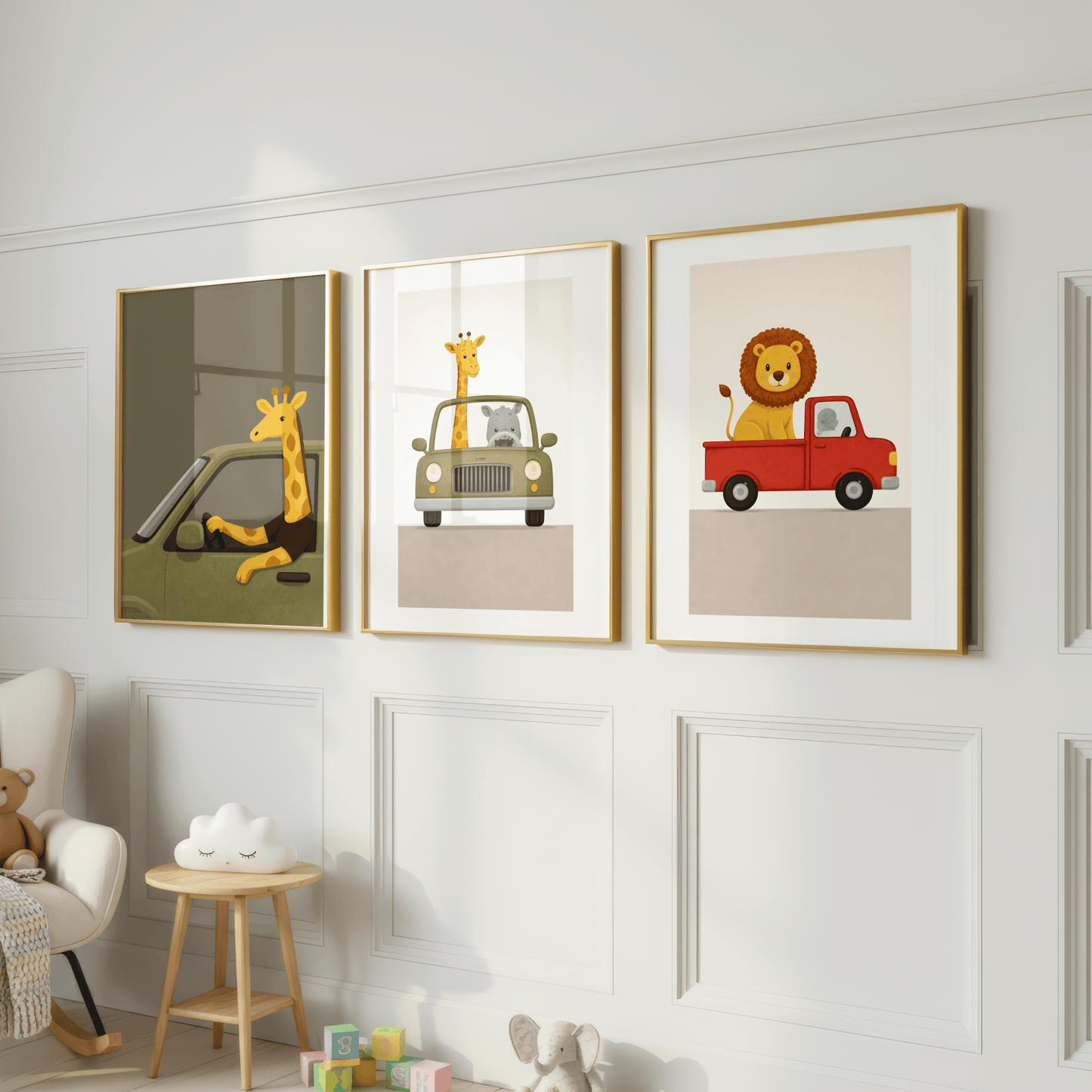 Leeuw Safari rit - Babykamer Print of Canvas wanddecoratie