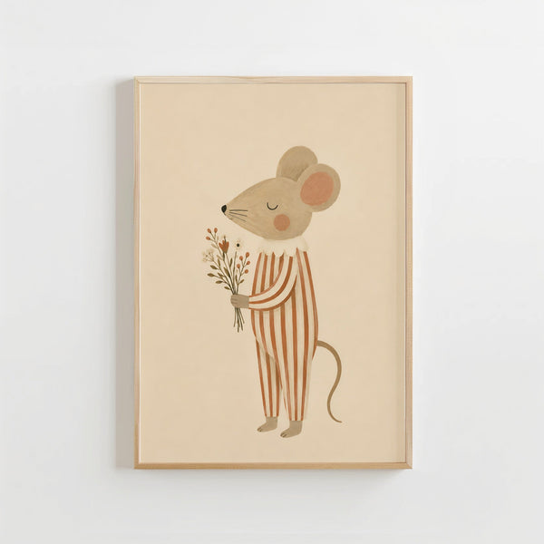 Muis met Bloemen Poster Kinderkamer | Lieve Bosdieren Poster of Canvas wanddecoratie