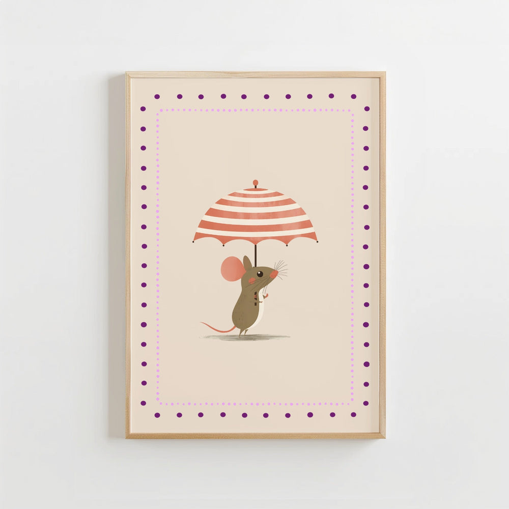 Muis met Paraplu Poster Kinderkamer | Speelse Dierenposter of Canvas wanddecoratie