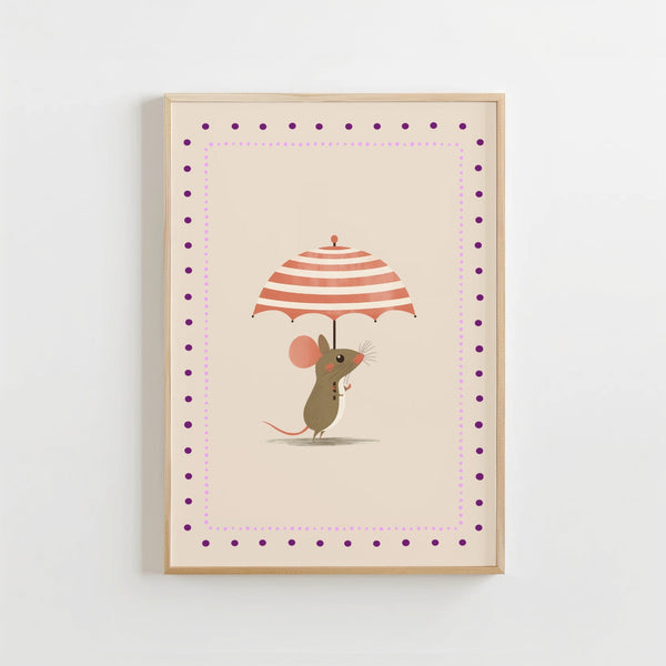 Muis met Paraplu Poster Kinderkamer | Speelse Dierenposter of Canvas wanddecoratie