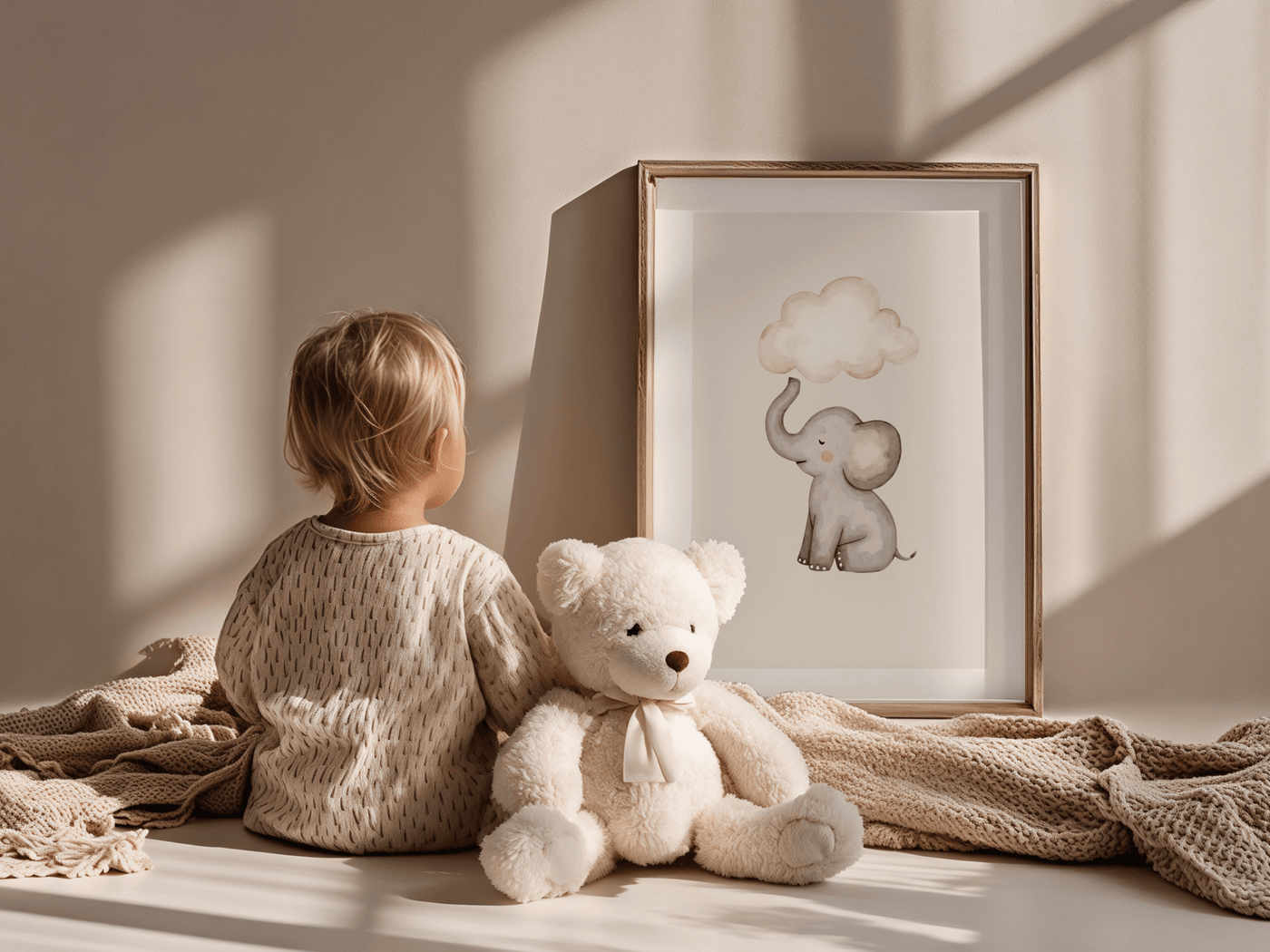 Olifantje met wolk - Babykamer Poster of Canvas wanddecoratie