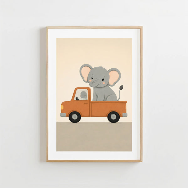 Olifantje Pickup Auto - Babykamer Poster of Canvas wanddecoratie