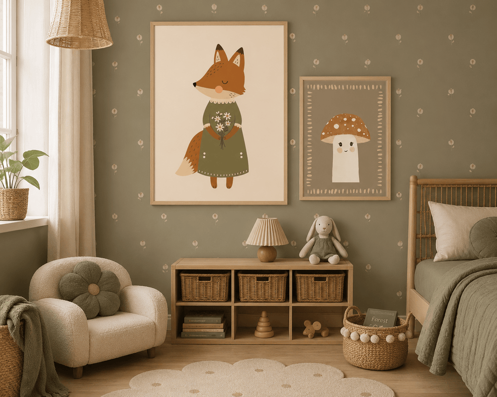 Vos met Bloemen Poster Kinderkamer | Lieve Bosdieren Poster of Canvas wanddecoratie