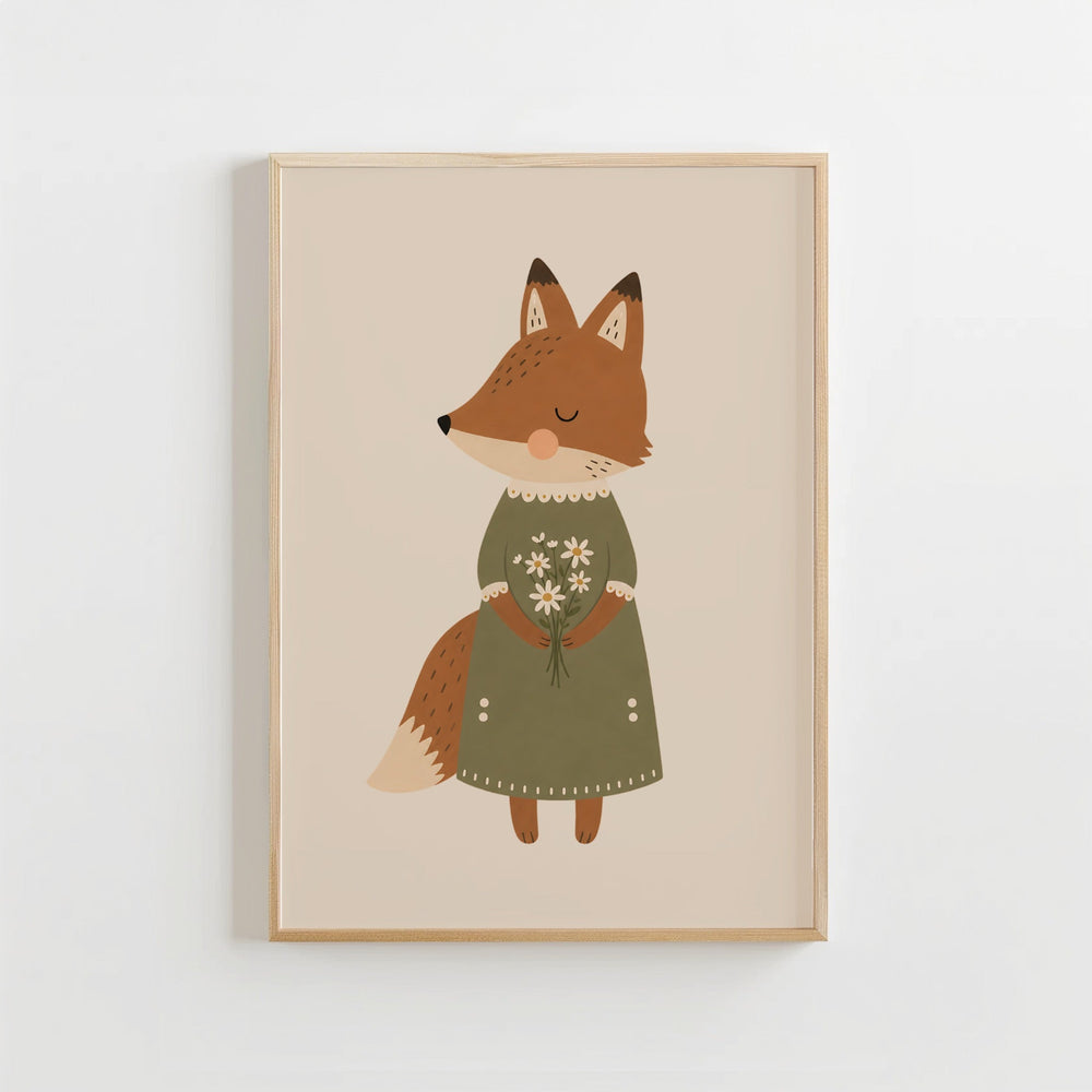 Vos met Bloemen Poster Kinderkamer | Lieve Bosdieren Poster of Canvas wanddecoratie