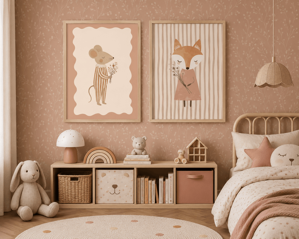 Vos Poster Kinderkamer | Roze Bosdieren Illustratie of Canvas wanddecoratie