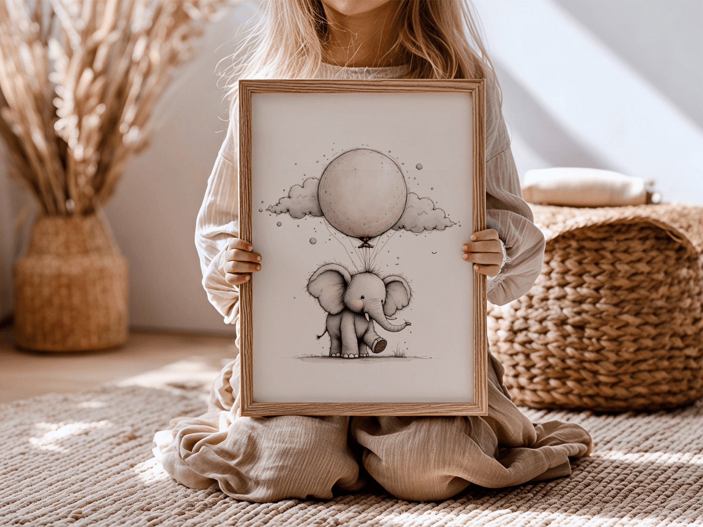 Baby Olifantje met Ballon - Babykamer Poster of Canvas wanddecoratie