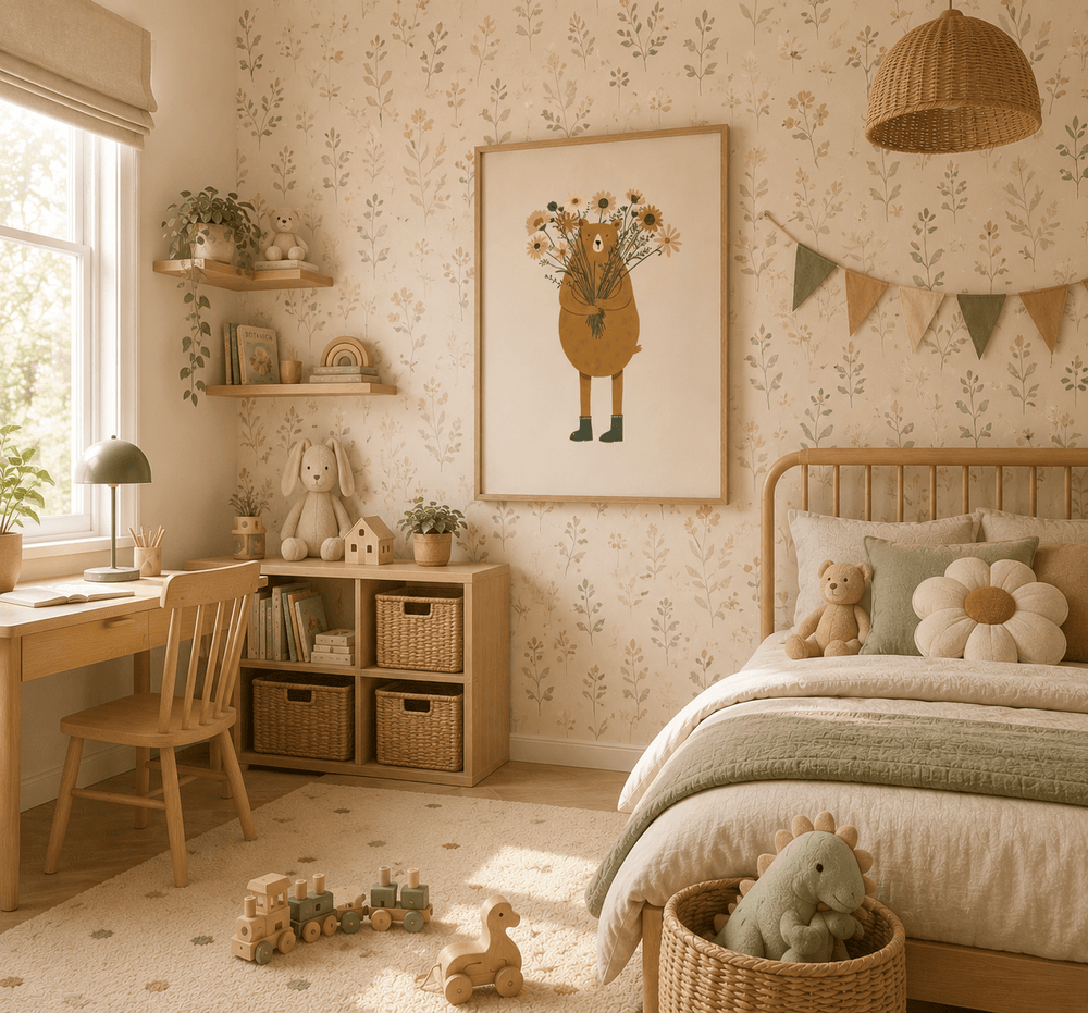 Beer met Bloemen Poster Kinderkamer | Bosdieren Illustratie of Canvas wanddecoratie