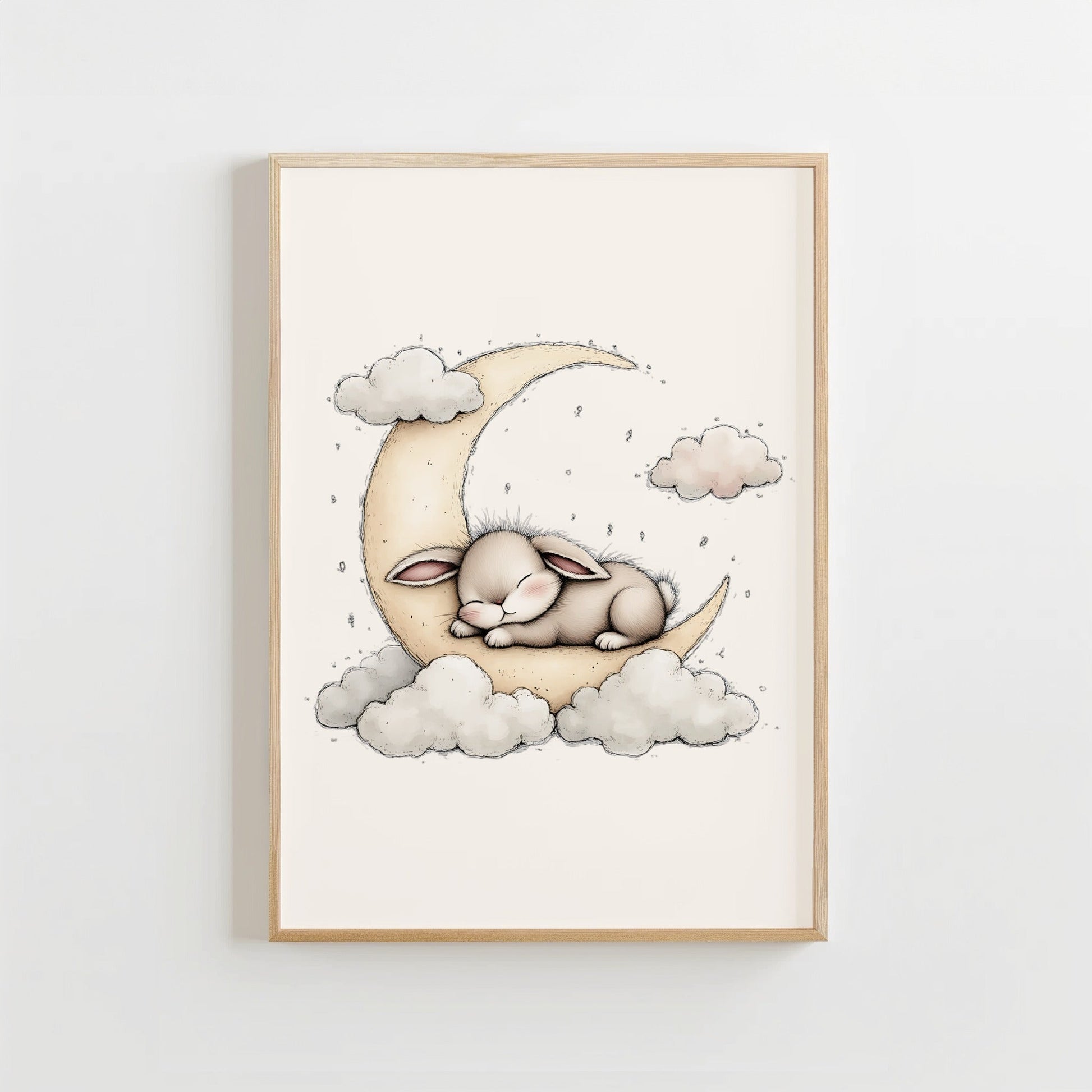 Dromend Konijn en Maan - Babykamer Poster of Canvas wanddecoratie