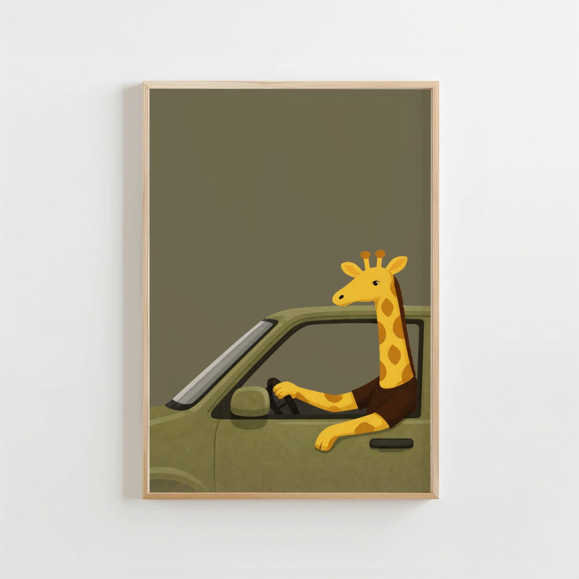 Giraffe in auto - Kinderkamer Poster of Canvas wanddecoratie