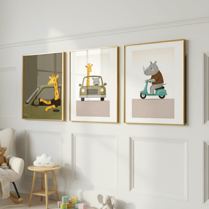 Giraffe in auto - Kinderkamer Poster of Canvas wanddecoratie