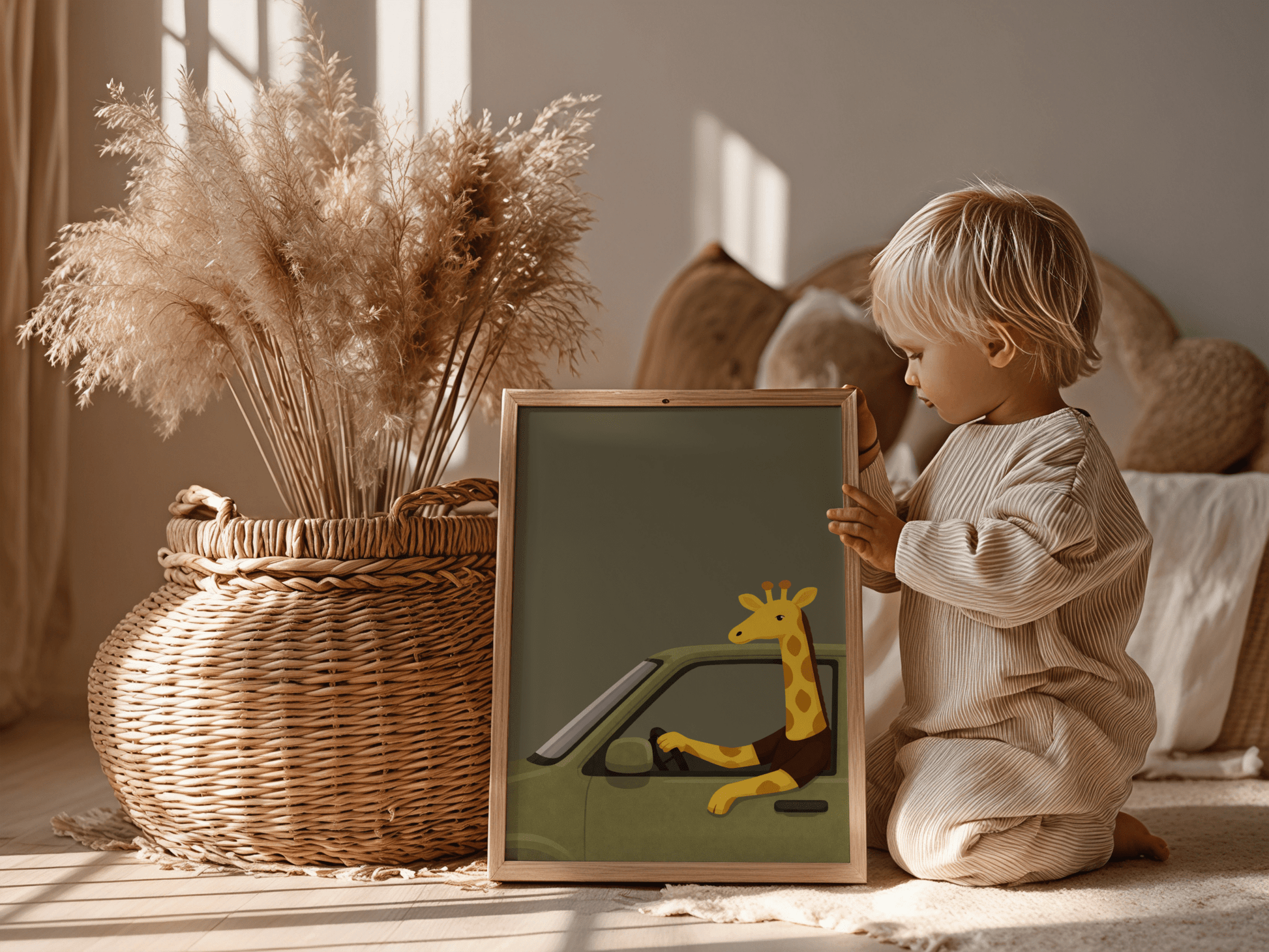 Giraffe in auto - Kinderkamer Poster of Canvas wanddecoratie