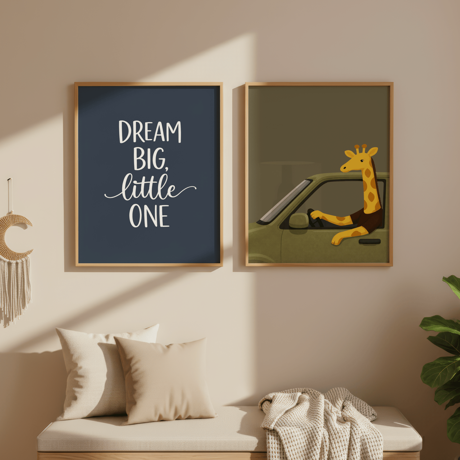 Giraffe in auto - Kinderkamer Poster of Canvas wanddecoratie