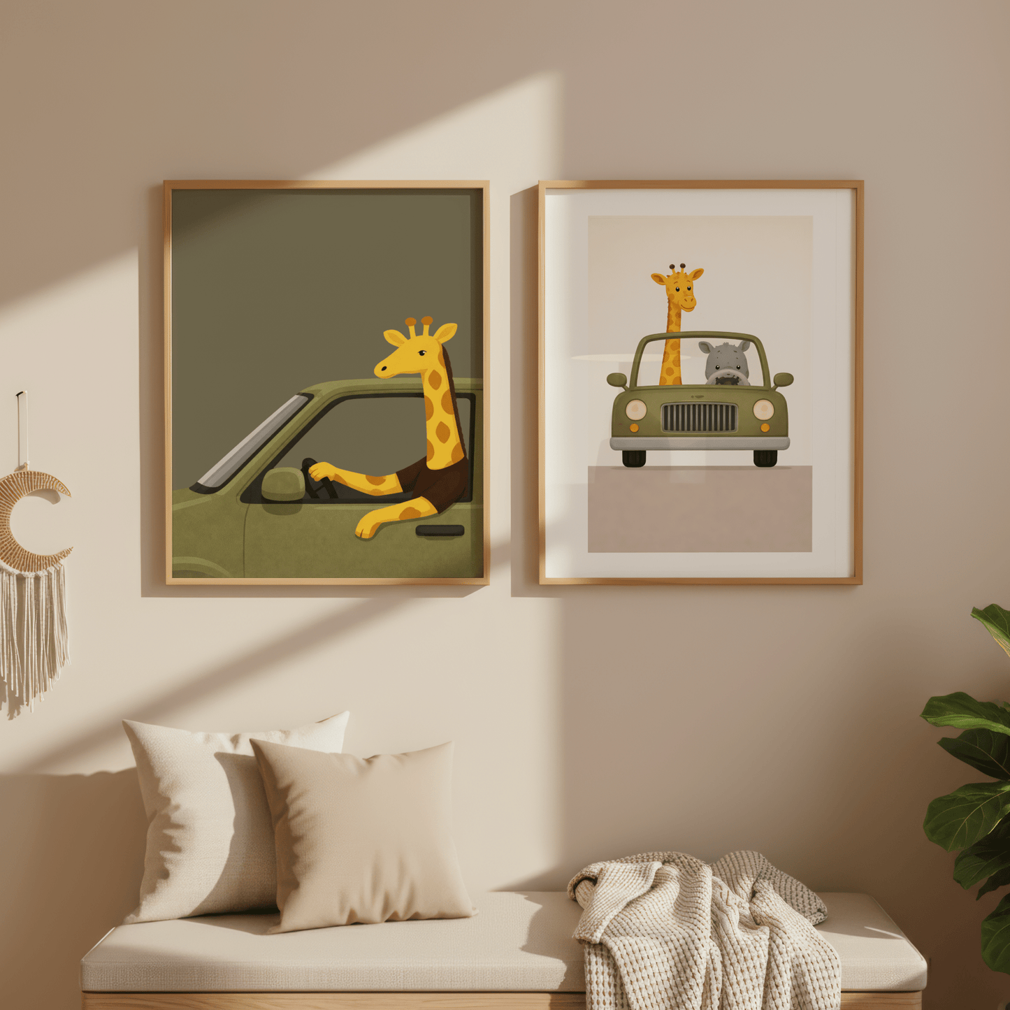 Giraffe Safari Rit - Kinderkamer Poster of Canvas wanddecoratie
