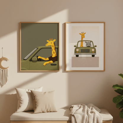 Giraffe Safari Rit - Kinderkamer Poster of Canvas wanddecoratie