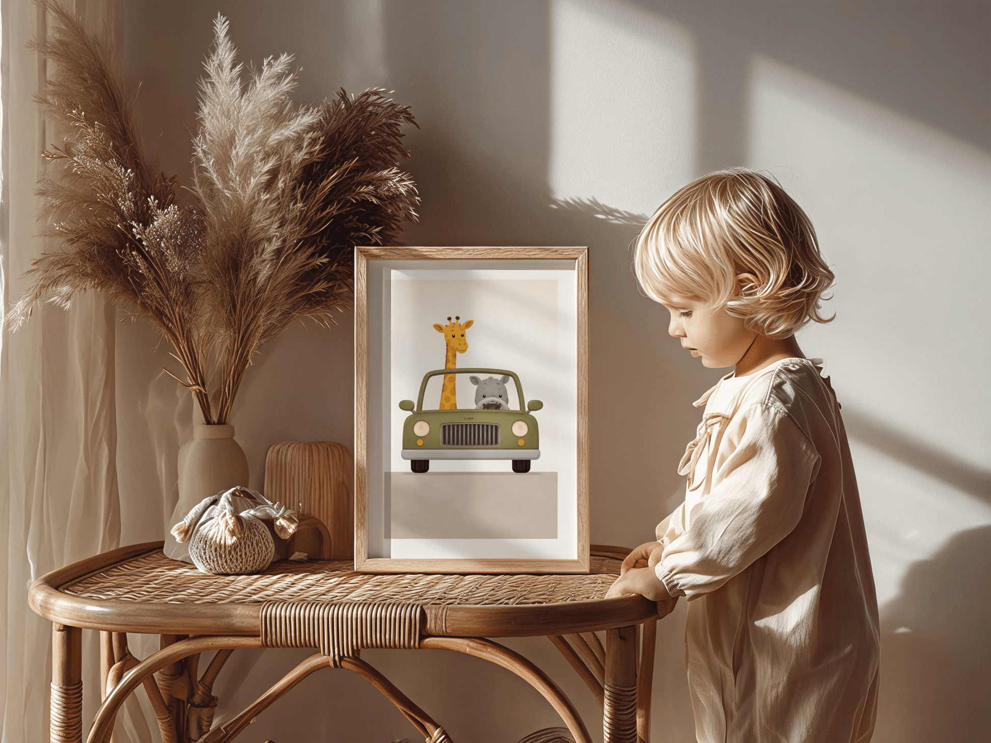 Giraffe Safari Rit - Kinderkamer Poster of Canvas wanddecoratie