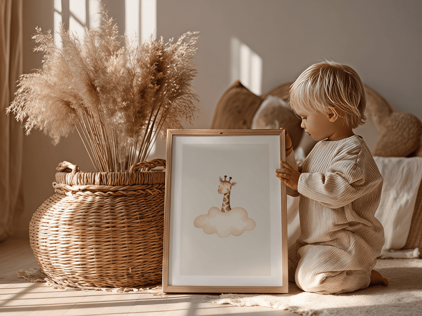 Giraffe uit Wolk - Babykamer Poster of Canvas wanddecoratie