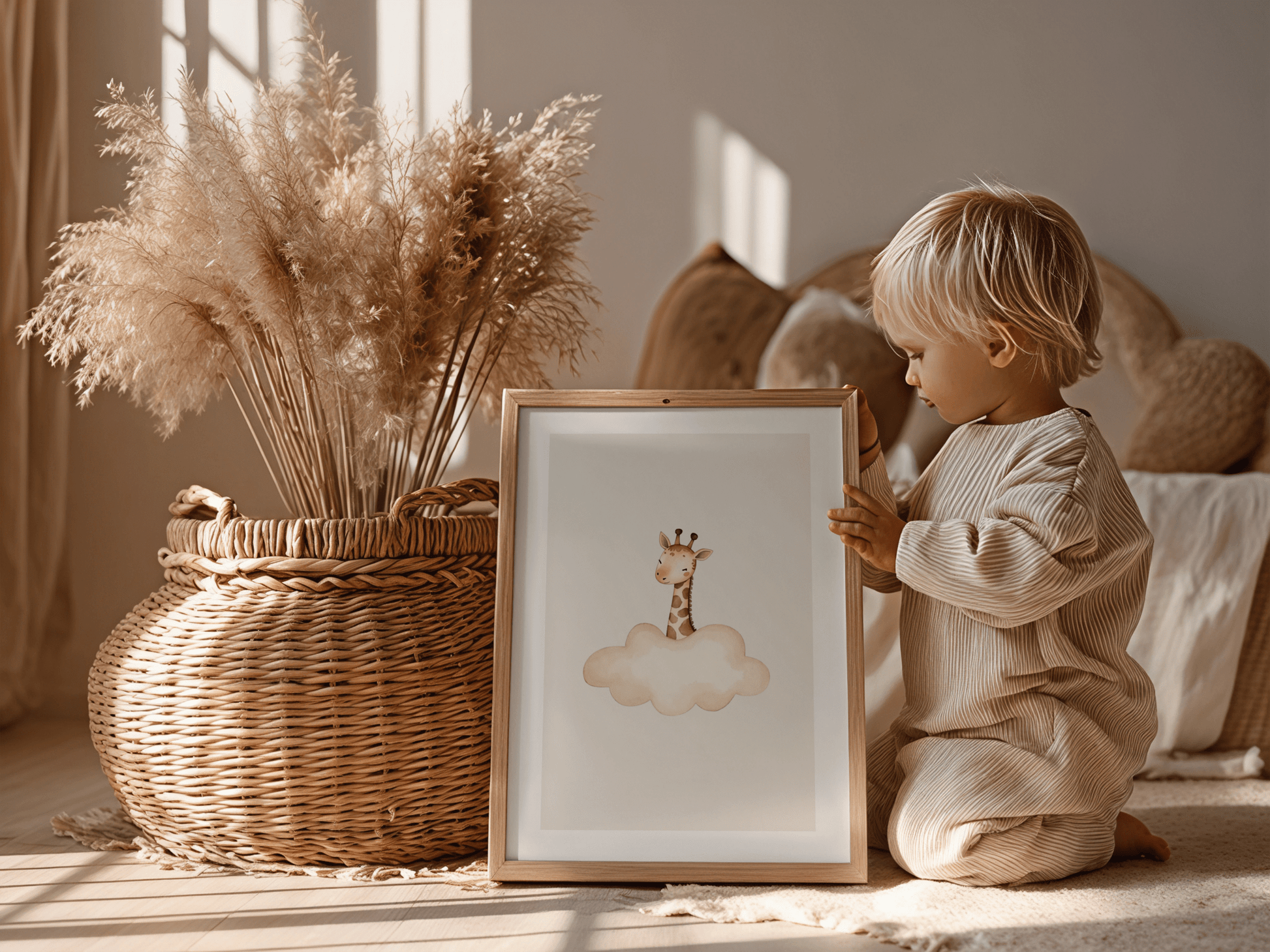 Giraffe uit Wolk - Babykamer Poster of Canvas wanddecoratie