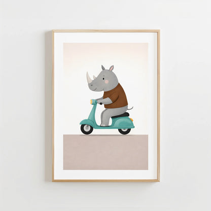 Grappige Neushoorn Scooter - Kinderkamer Poster of Canvas wanddecoratie