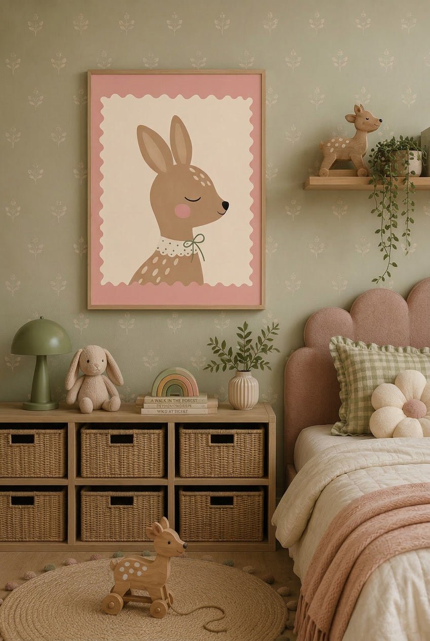 Hertje Poster Kinderkamer | Roze Bosdieren Poster of Canvas wanddecoratie