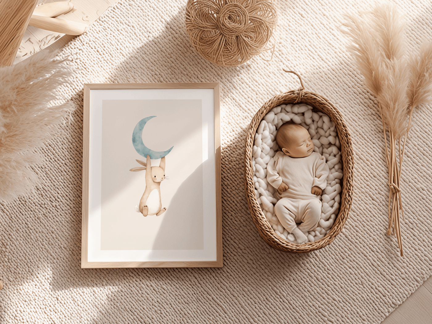 Konijn aan Maan - Babykamer Poster of Canvas wanddecoratie
