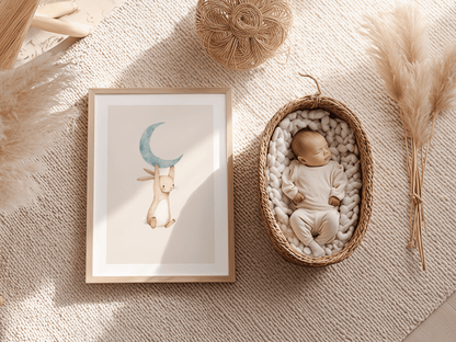 Konijn aan Maan - Babykamer Poster of Canvas wanddecoratie