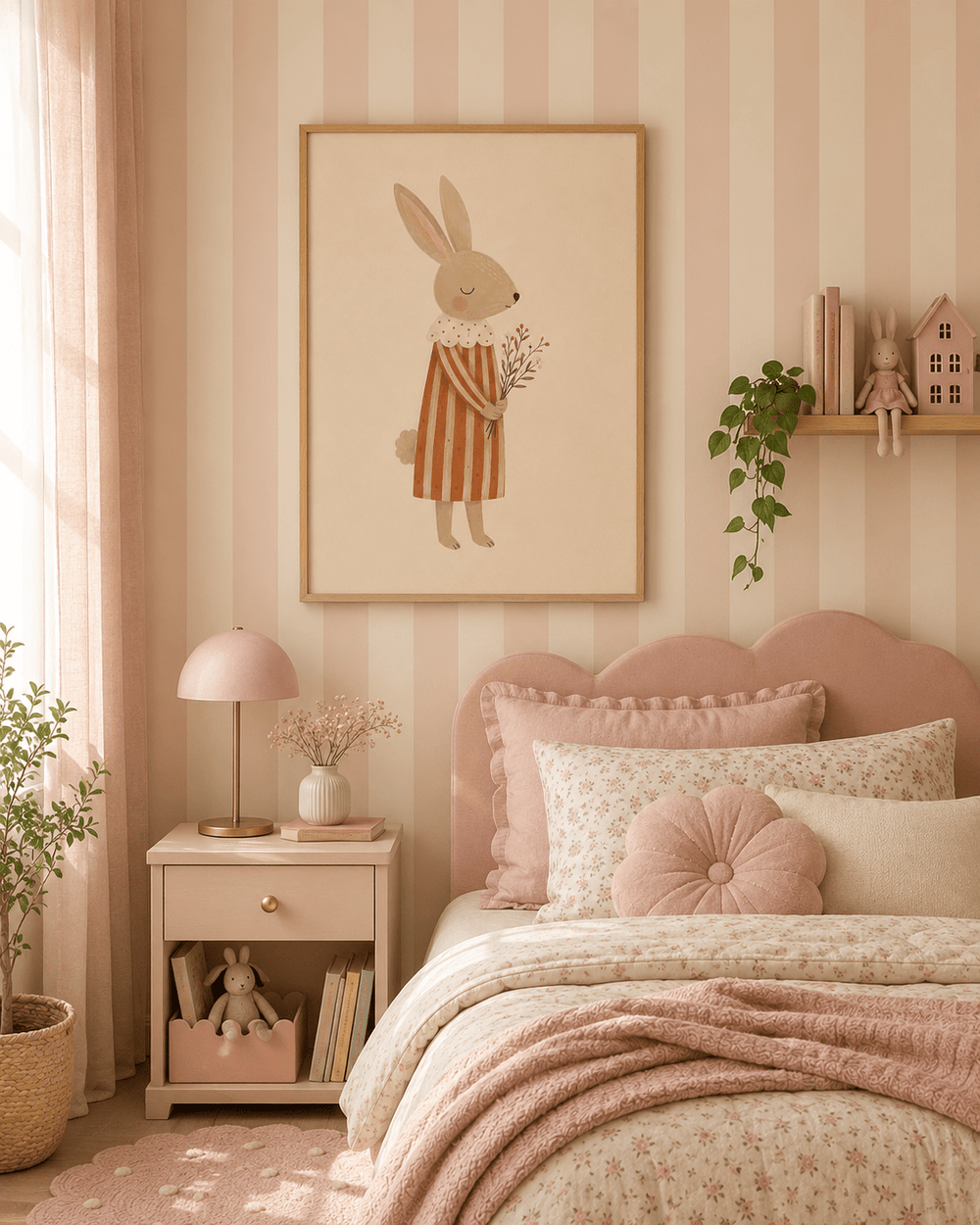 Konijn met Bloemen Poster Kinderkamer | Lieve Bosdieren Poster of Canvas wanddecoratie