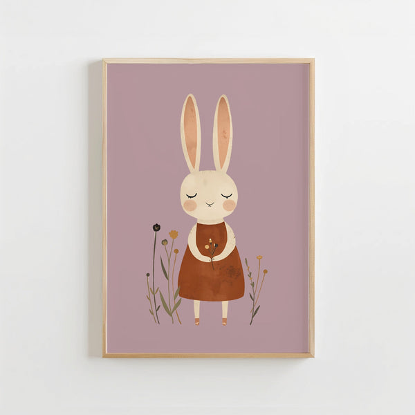 Konijn met Bloemen Poster Kinderkamer | Roze Bosdieren Poster of Canvas wanddecoratie