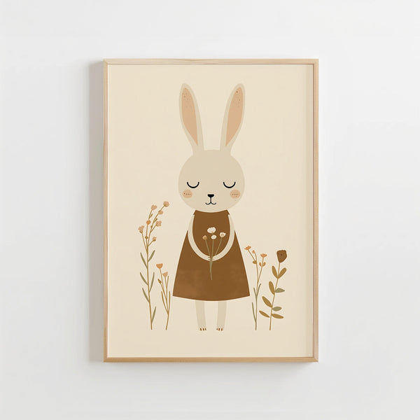 Konijn met Veldbloemen Poster Kinderkamer | Lieve Bosdieren Poster of Canvas wanddecoratie