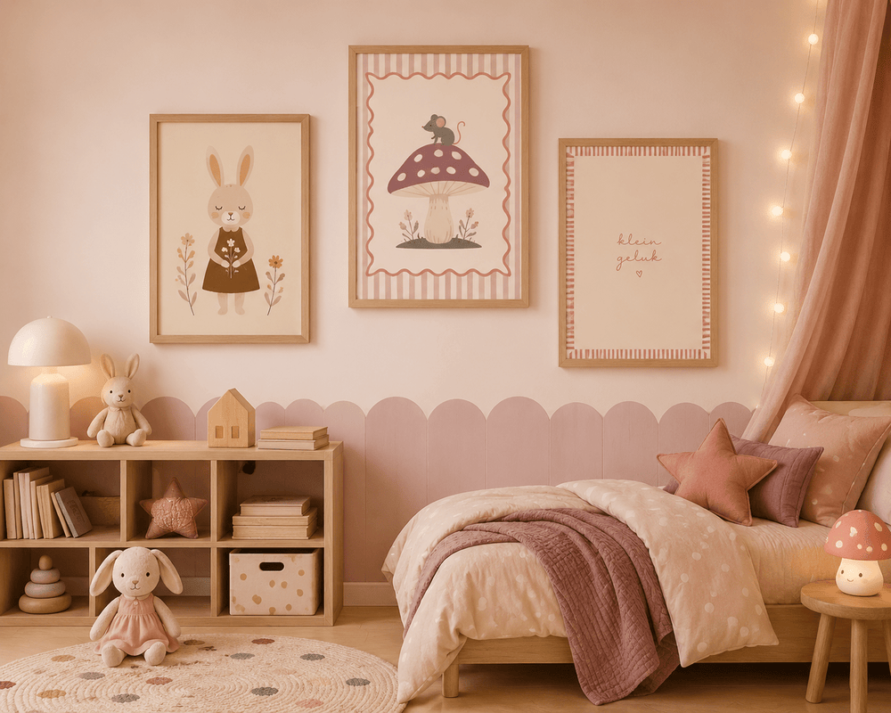 Konijn met Veldbloemen Poster Kinderkamer | Lieve Bosdieren Poster of Canvas wanddecoratie