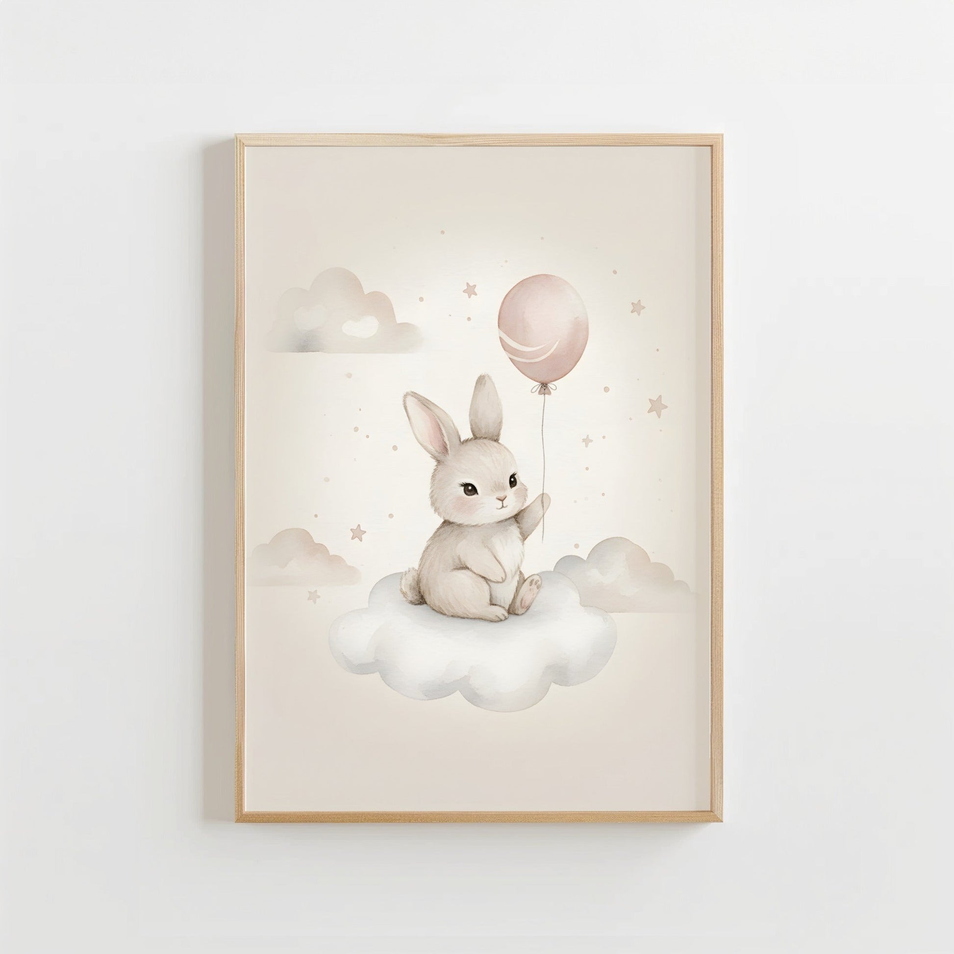 Konijntje met Ballon op Wolk - Babykamer Poster of Canvas wanddecoratie