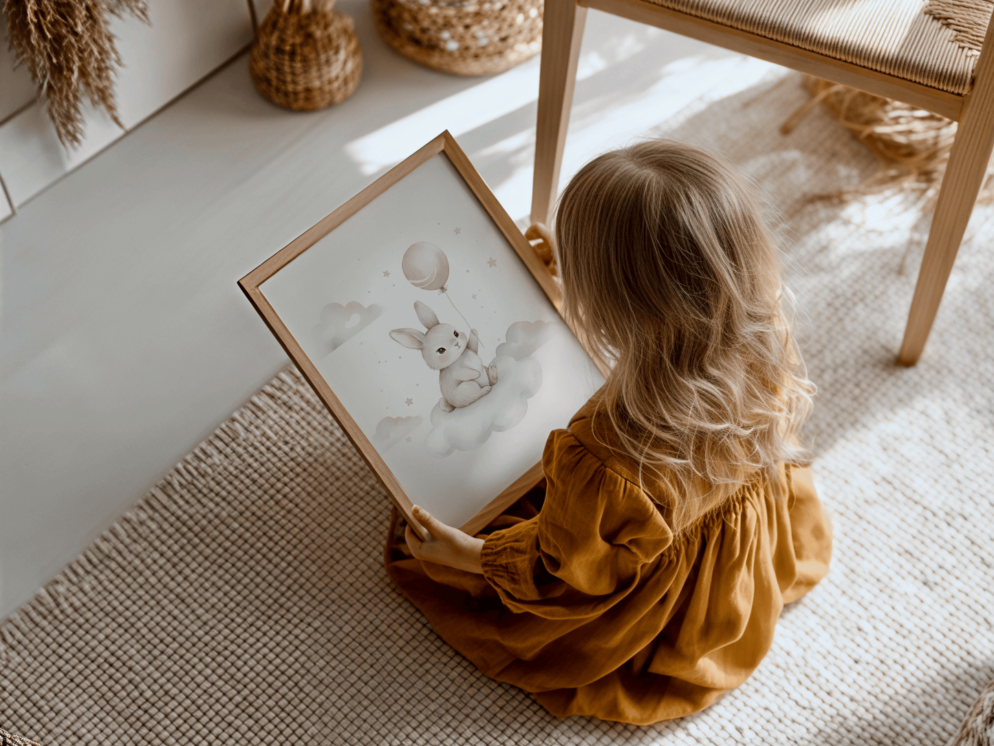 Konijntje met Ballon op Wolk - Babykamer Poster of Canvas wanddecoratie
