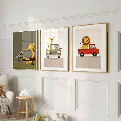 Leeuw Safari rit - Babykamer Print of Canvas wanddecoratie