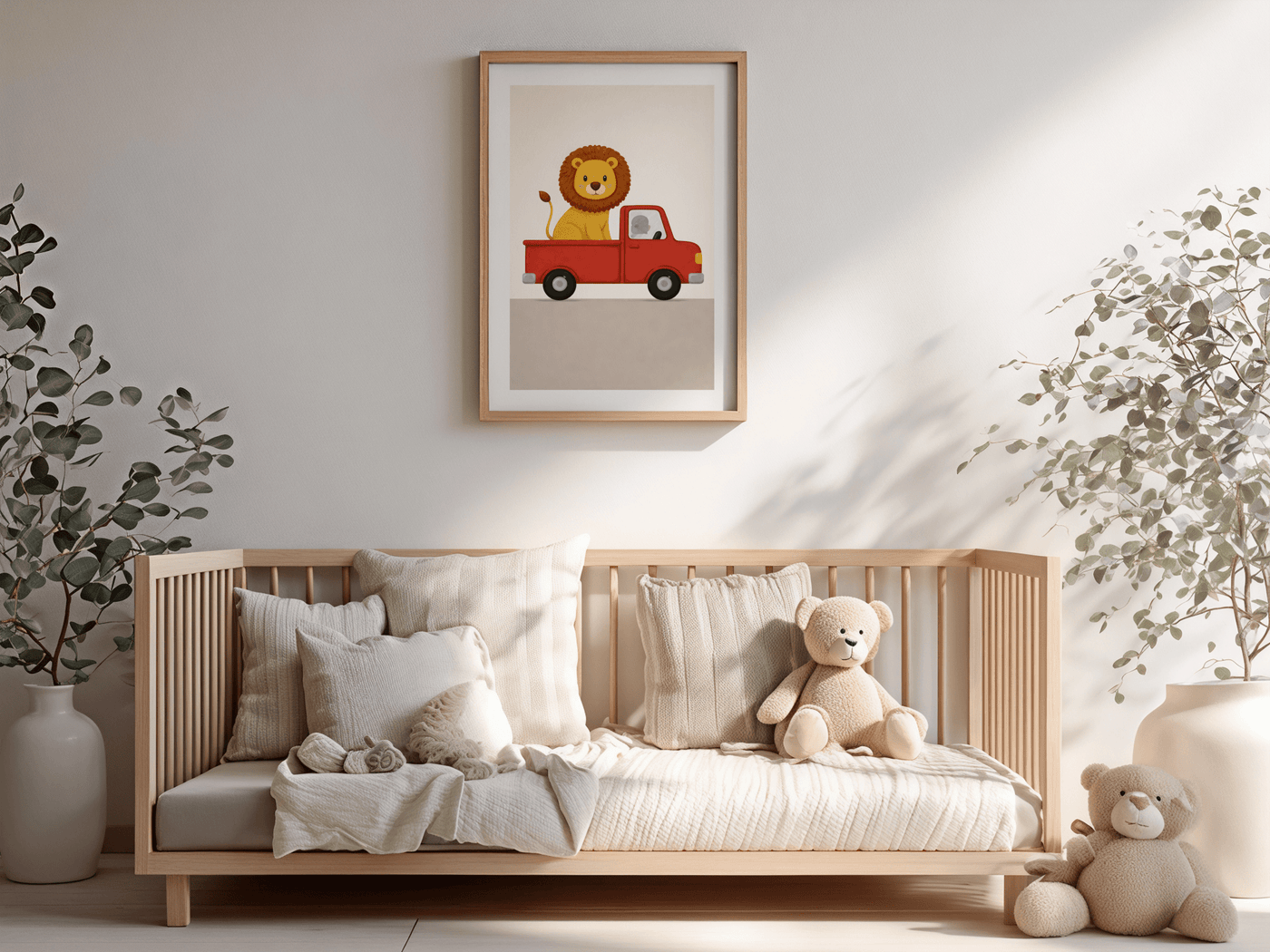 Leeuw Safari rit - Babykamer Print of Canvas wanddecoratie