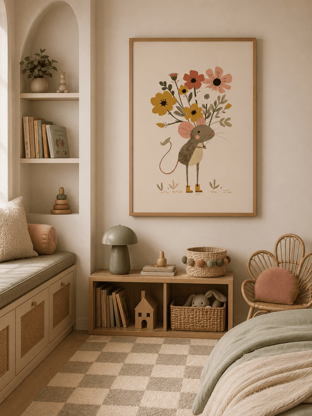 Muis met Bloemen Poster Kinderkamer | Lieve Bosdieren Poster of Canvas wanddecoratie