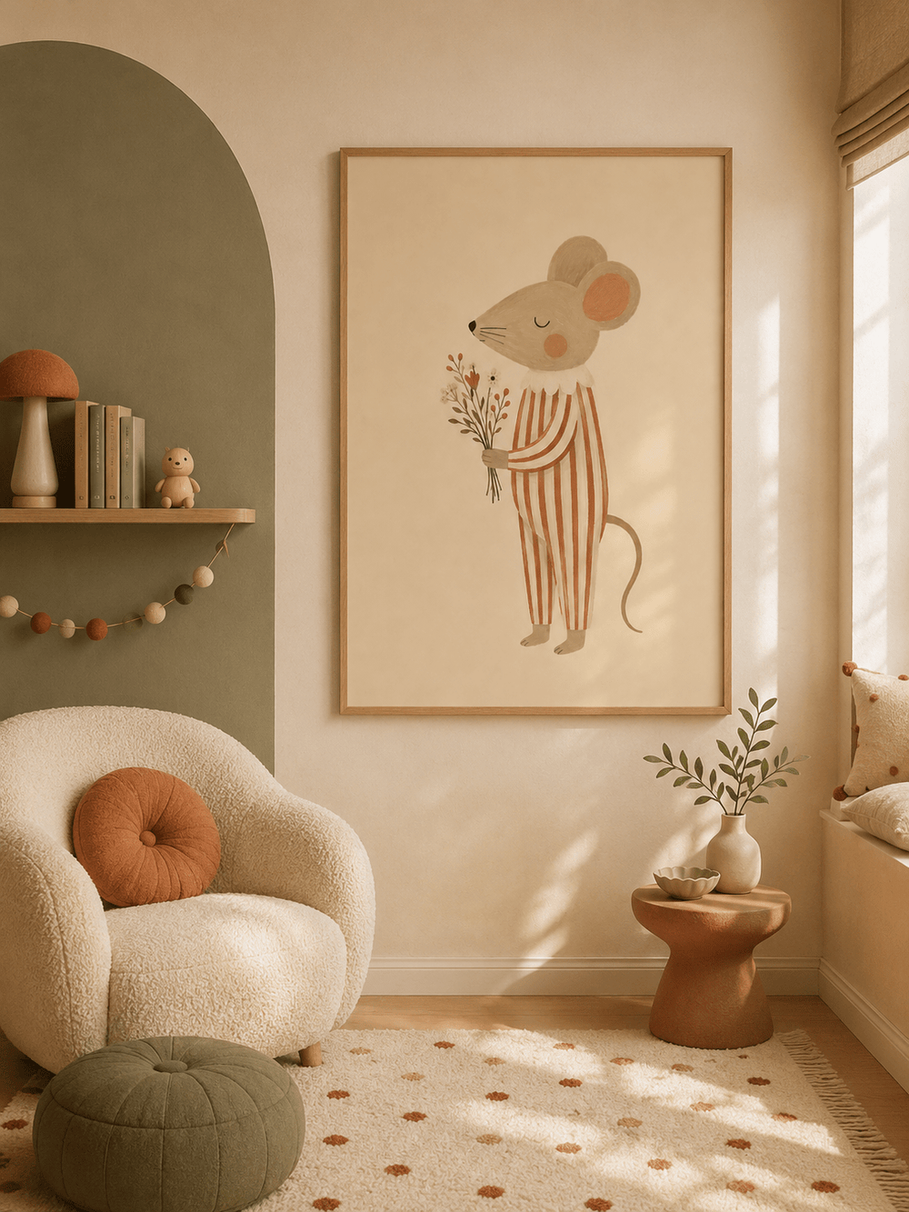 Muis met Bloemen Poster Kinderkamer | Lieve Bosdieren Poster of Canvas wanddecoratie