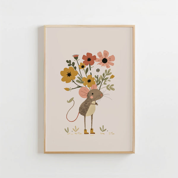 Muis met Bloemen Poster Kinderkamer | Lieve Bosdieren Poster of Canvas wanddecoratie