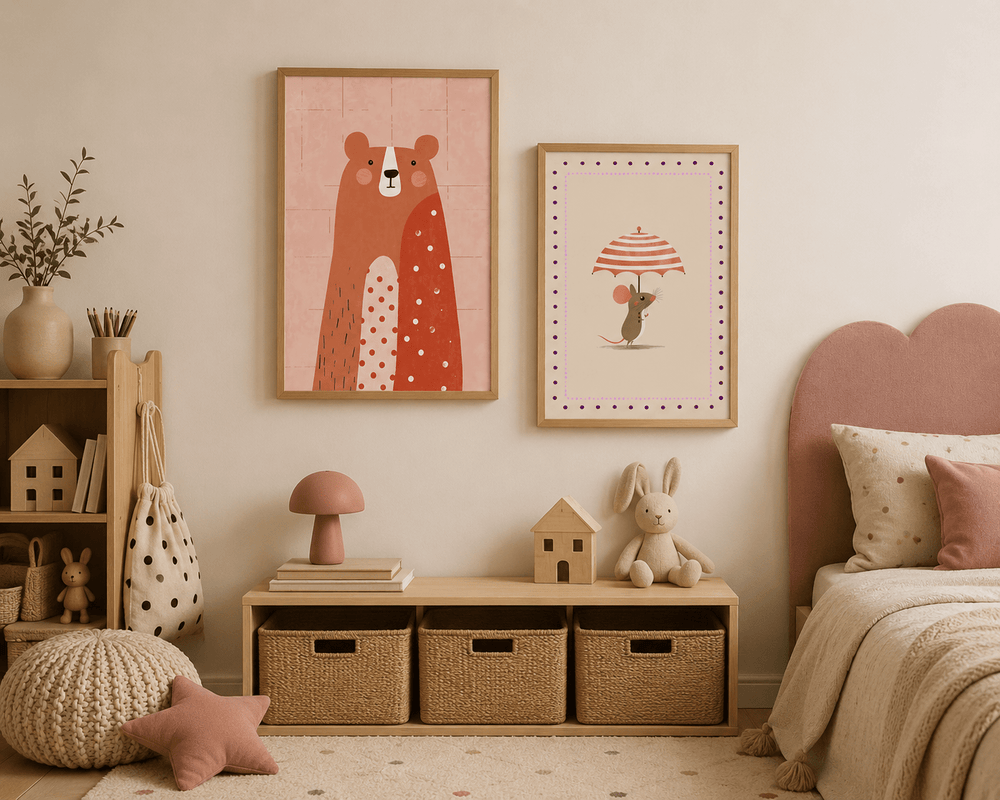 Muis met Paraplu Poster Kinderkamer | Speelse Dierenposter of Canvas wanddecoratie