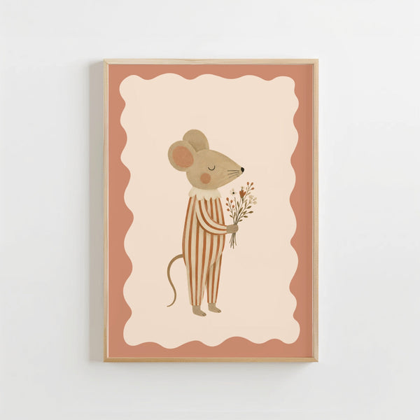 Muis met Veldbloemen Poster Kinderkamer | Schattige Bosdieren Poster of Canvas wanddecoratie