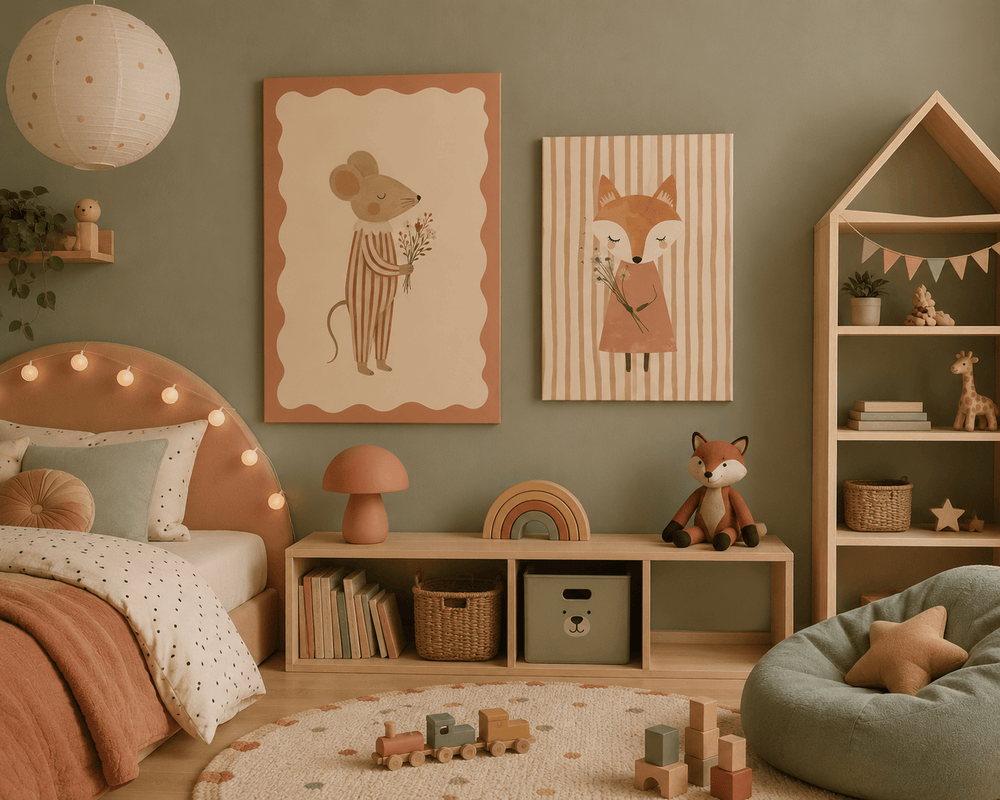 Muis met Veldbloemen Poster Kinderkamer | Schattige Bosdieren Poster of Canvas wanddecoratie