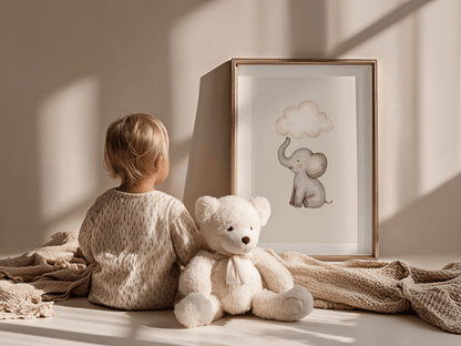 Olifantje met wolk - Babykamer Poster of Canvas wanddecoratie