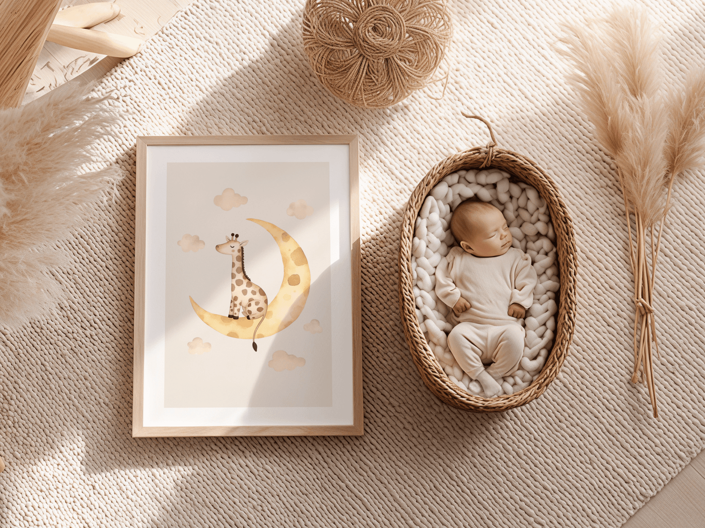 Slapende Giraffe Maan - Babykamer Poster of Canvas wanddecoratie