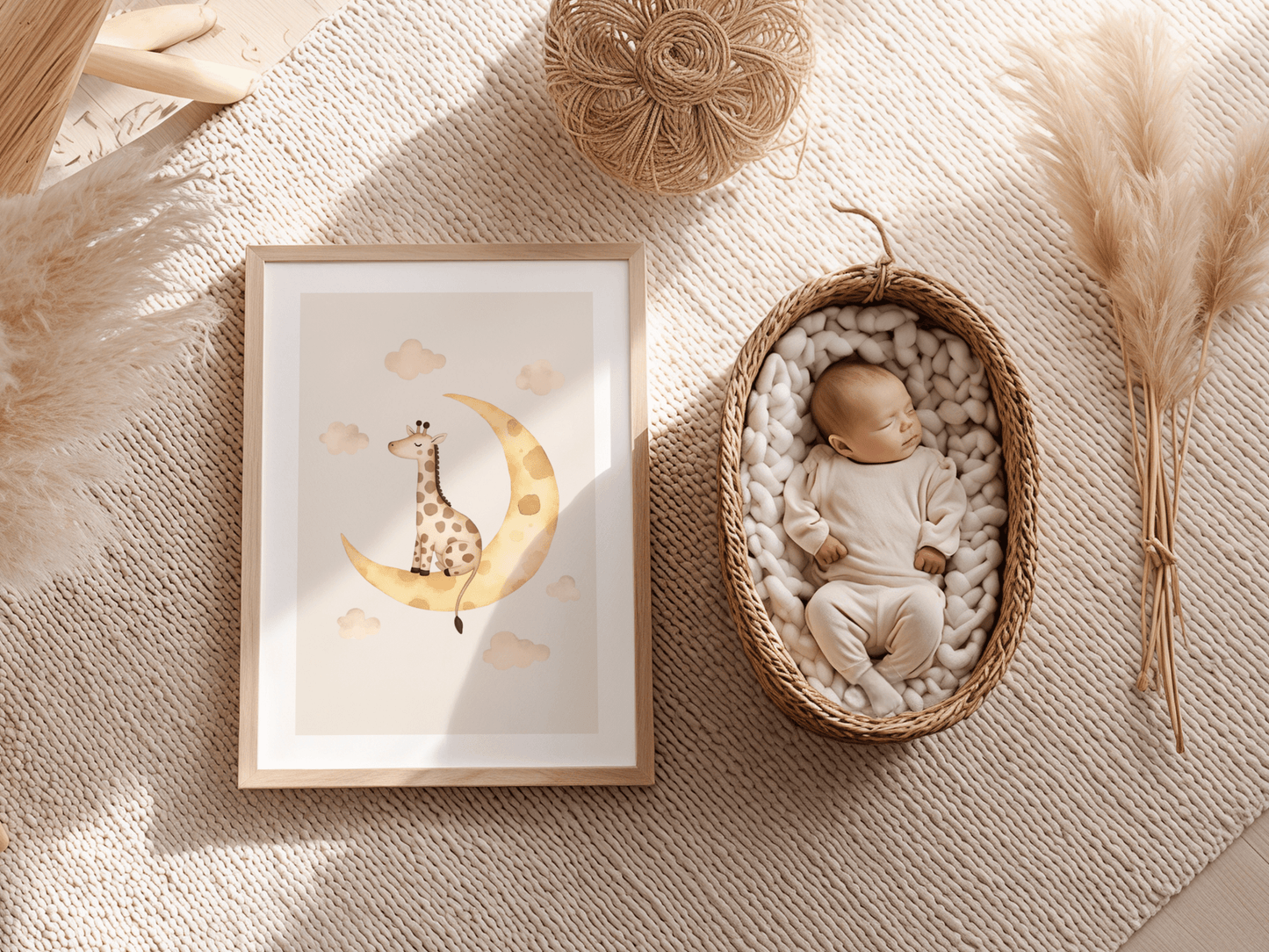 Slapende Giraffe Maan - Babykamer Poster of Canvas wanddecoratie
