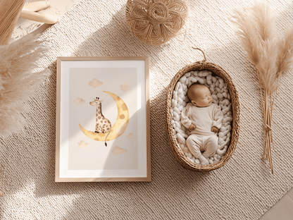 Slapende Giraffe Maan - Babykamer Poster of Canvas wanddecoratie